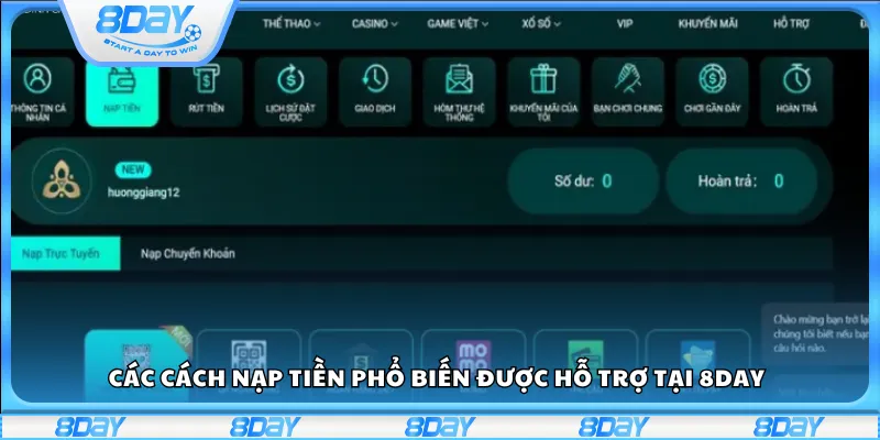 Các cách nạp tiền phổ biến được hỗ trợ tại 8Day